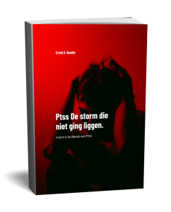3D-weergave van de boekcover 'Ptss De storm die niet ging liggen' van Erwin G. Boudin. De omslag toont een silhouet van een persoon in diepe rode verlichting met de handen in het haar, uitgegeven door Zelfzorg-academie.
