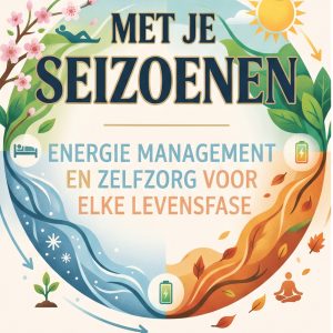 Boekkaft van 'In balans met je seizoenen' door Erwin G. Boudin met een ronde illustratie van de vier seizoenen, batterij-iconen en de ondertitel 'Energiemanagement en zelfzorg voor elke levensfase'